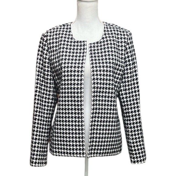 Talbots Houndstooth blazer Jacket open hang round collar pockets black white - Picture 1 of 10